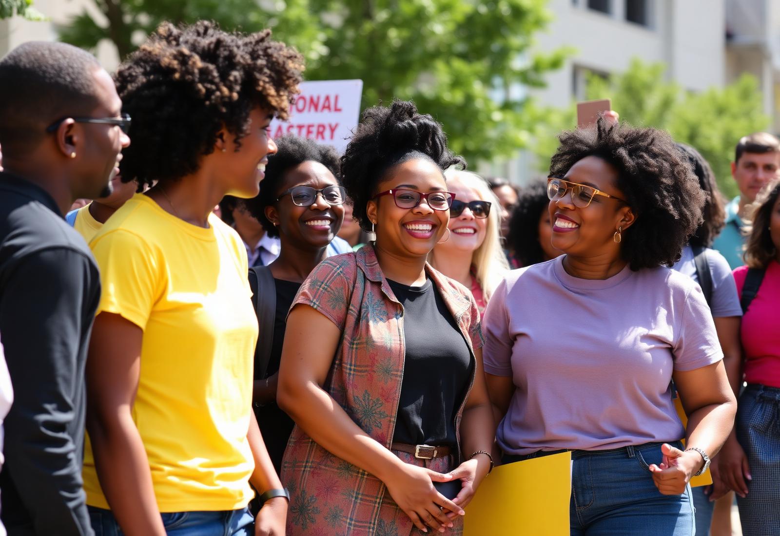 A diverse, energetic group of advocates of mixed ages gathered together outdoors, smiling and engaged in conversation.