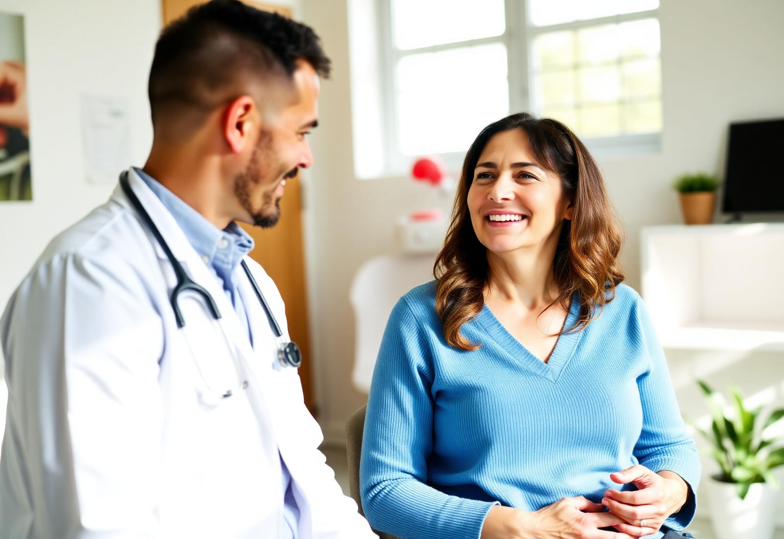 A middle-aged patient smiling during a warm, unhurried consultation with her clinician in a bright, modern clinic.